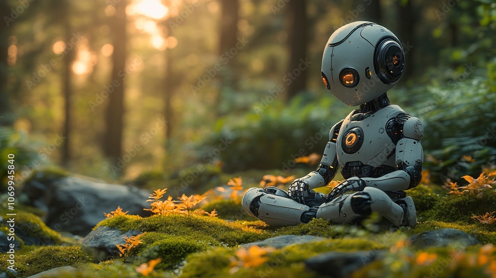 Robot Meditating in a Natural Forest Setting Robot Meditating in a Natural Forest Setting