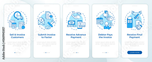 Factoring process phases blue onboarding mobile app screen. Walkthrough 5 steps editable graphic instructions with linear concepts. UI, UX, GUI template. Montserrat SemiBold, Regular fonts used