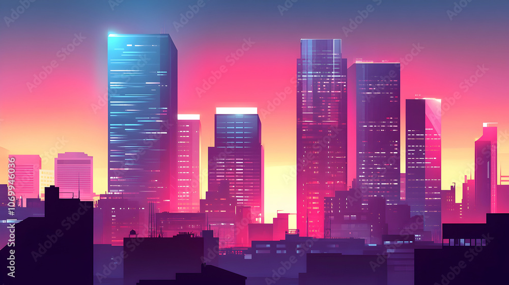 A vibrant cityscape silhouette with neon lights reflecting off the buildings. A vibrant cityscape silhouette with neon lights reflecting off the buildings.