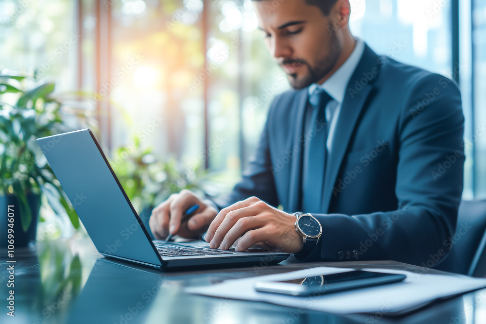 Man is typing on a laptop computer. He is wearing a suit and tie. There are two cell phones on the table, one on the right and one on the left Man is typing on a laptop computer. He is wearing a suit and tie. There are two cell phones on the table, one on the right and one on the left