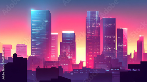 A vibrant cityscape silhouette with neon lights reflecting off the buildings.