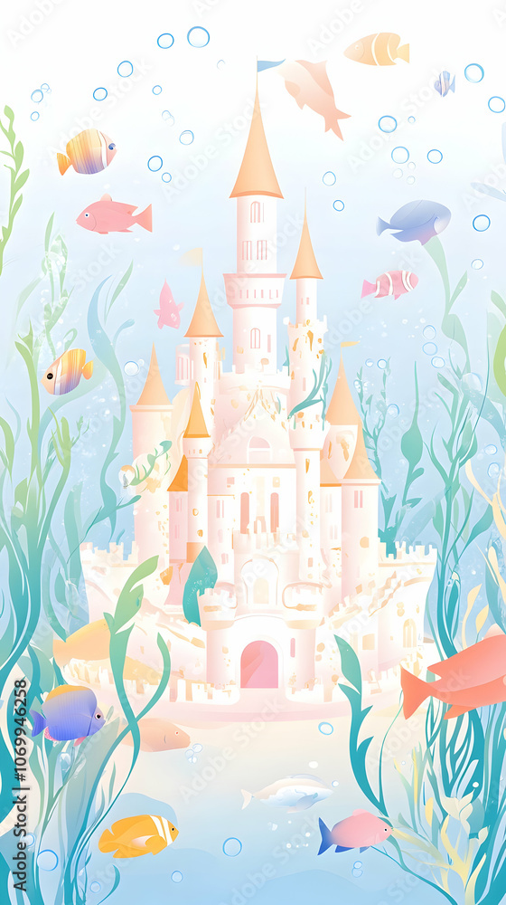 A whimsical underwater castle with colorful fish and sea plants. A whimsical underwater castle with colorful fish and sea plants.