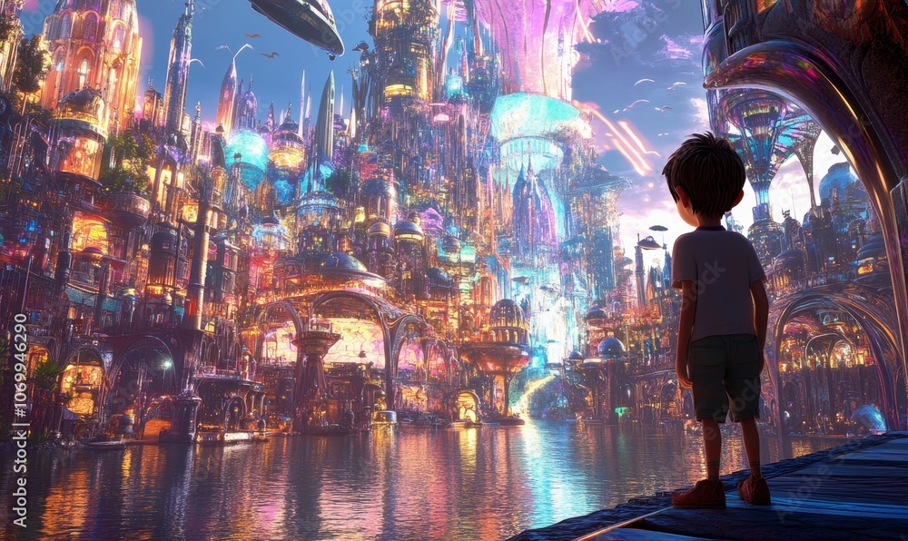 Fototapeta premium A boy gazes at a futuristic city.