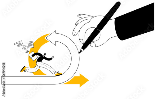 Developer follows a twisted arrow reached by a manager's big hand. Vector illustration on the theme of agile development methodology.