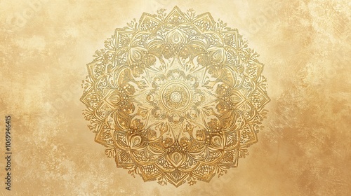 Golden mandala on textured background, ornate and symmetrical.