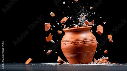 Broken Clay Pot with Shards and Dust on Black Background photo