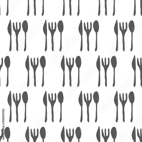 Seamless pattern spoon fork and knife, restaurant background, hand drawn decoration cover