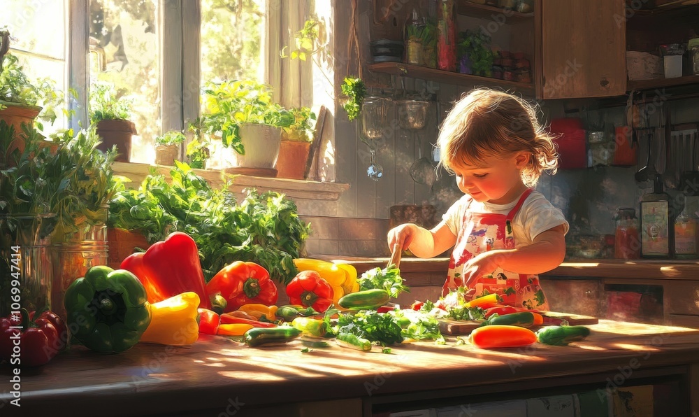 Girl in kitchen preparing peppers and herbs.