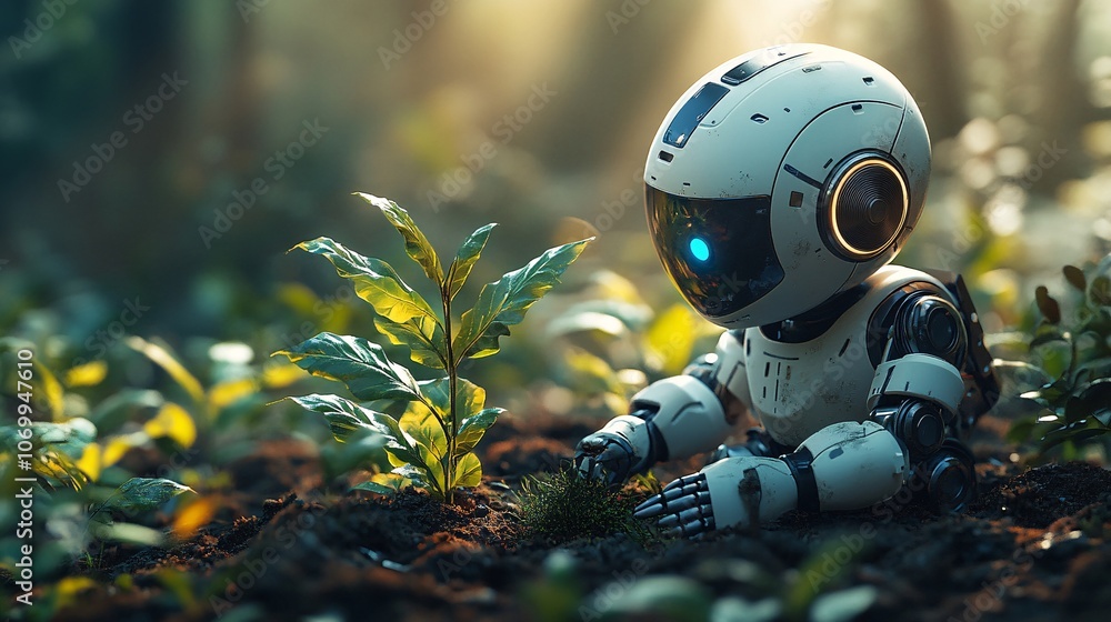 AI Robot in Lush Forest with Sunlight Beams AI Robot in Lush Forest with Sunlight Beams