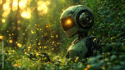 Robot in Lush Green Jungle Scattering Seeds