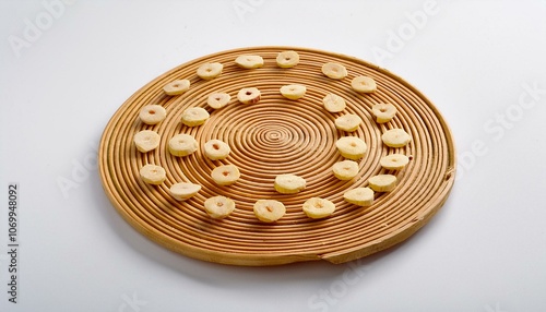 Sliced candle nuts (kemiri) placed in a pattern of concentric circles on a white background. photo