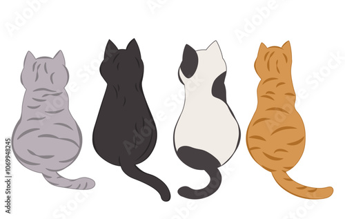 Cats sitting back view, vector illustration isolated on white background, simple drawing style.