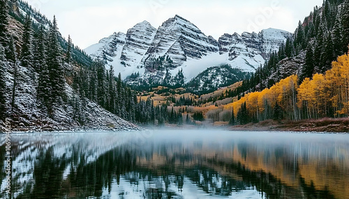 Majestic snow-capped mountains reflect in a still lake surrounded by autumn foliage.