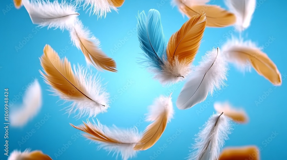 Colorful Feathers Floating on Blue Background Nature Design and Abstract Concept Colorful Feathers Floating on Blue Background Nature Design and Abstract Concept