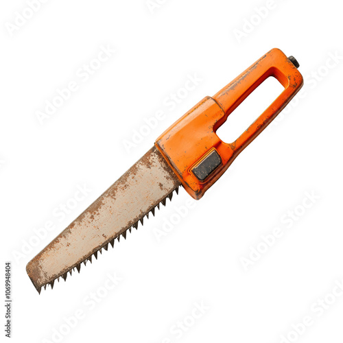 vintage orange hand saw with worn blade, ideal for woodworking projects and DIY tasks. Its rustic appearance adds character to any tool collection photo