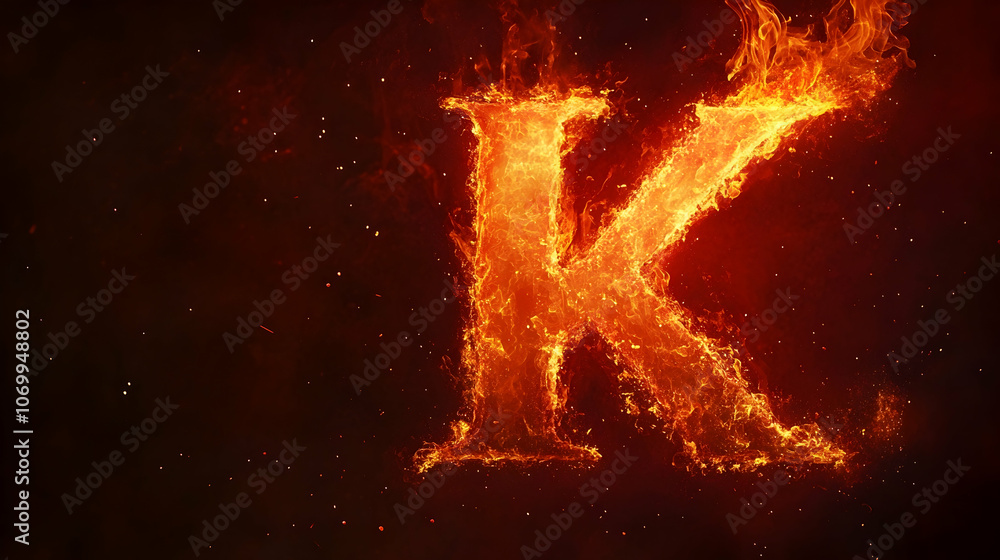 Fototapeta premium The letter K formed by flames on a dark background.
