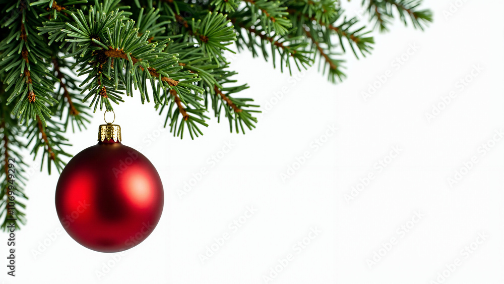 Pine Branch with Red Christmas Ornament: Festive Holiday Decor for Greeting Cards and Seasonal Advertisements Pine Branch with Red Christmas Ornament: Festive Holiday Decor for Greeting Cards and Seasonal Advertisements