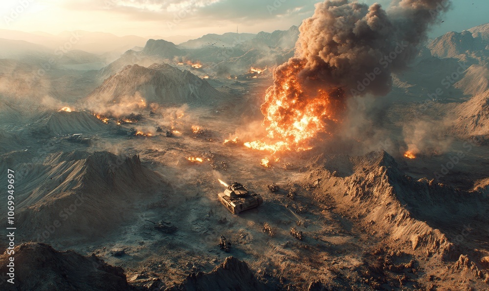 Desolate landscape with tanks and explosions. Desolate landscape with tanks and explosions.