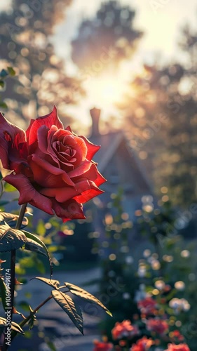 Red rose in garden at sunrise, tranquil nature scene. Beauty and serenity concept