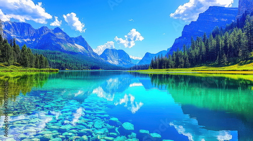 serene mountain landscape with crystal clear lake reflecting vibrant blue sky and lush green forest, inviting reflection and tranquility