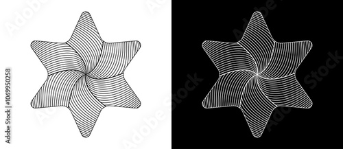 Abstract Star of David with six corners. Art line design star as logo or icon. A black figure on a white background and an equally white figure on the black side.