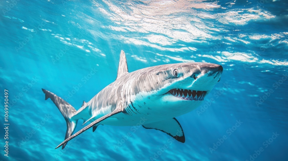 Fototapeta premium a shark in clear blue ocean water, concept of marine life protection, high detail