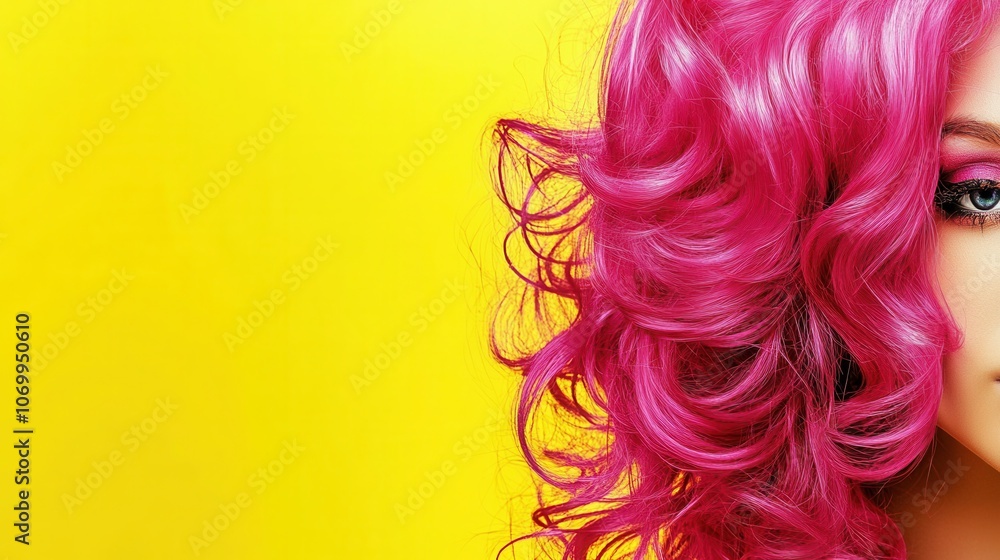 a vibrant pink curly wig on a yellow background, concept of creativity and self-expression a vibrant pink curly wig on a yellow background, concept of creativity and self-expression