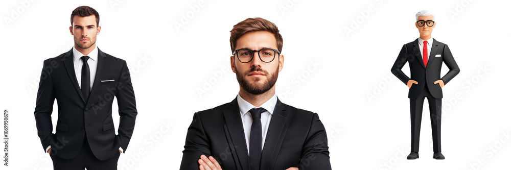 Portrait of a confident serious looking business executive in a formal black suit standing with arms crossed and a focused gaze Portrait of a confident serious looking business executive in a formal black suit standing with arms crossed and a focused gaze