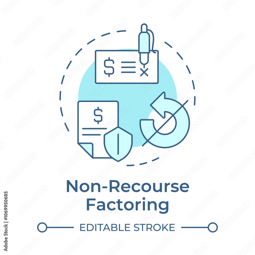 Non-recourse factoring soft blue concept icon. Risk-free financial transactions. Document with shield. Round shape line illustration. Abstract idea. Graphic design. Easy to use in article Non-recourse factoring soft blue concept icon. Risk-free financial transactions. Document with shield. Round shape line illustration. Abstract idea. Graphic design. Easy to use in article