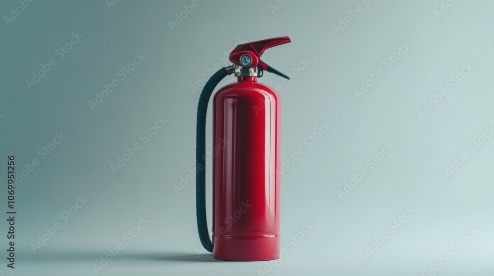 A red fire extinguisher stands isolated against a pale grey background, ready for emergency use with its safety mechanism clearly visible. A red fire extinguisher stands isolated against a pale grey background, ready for emergency use with its safety mechanism clearly visible.