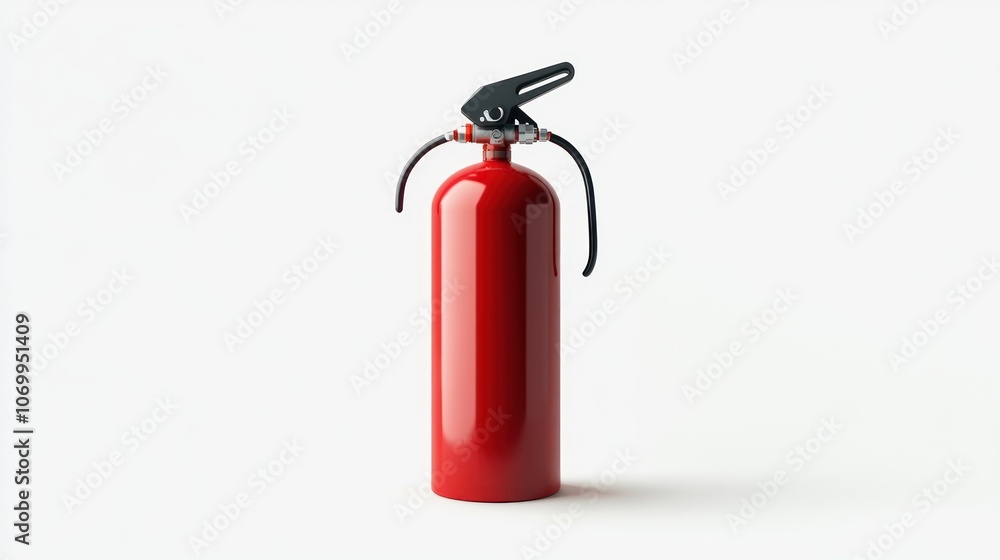 A red fire extinguisher stands against a white background, ready for emergency use with a visible nozzle, handle, and safety pin. A red fire extinguisher stands against a white background, ready for emergency use with a visible nozzle, handle, and safety pin.