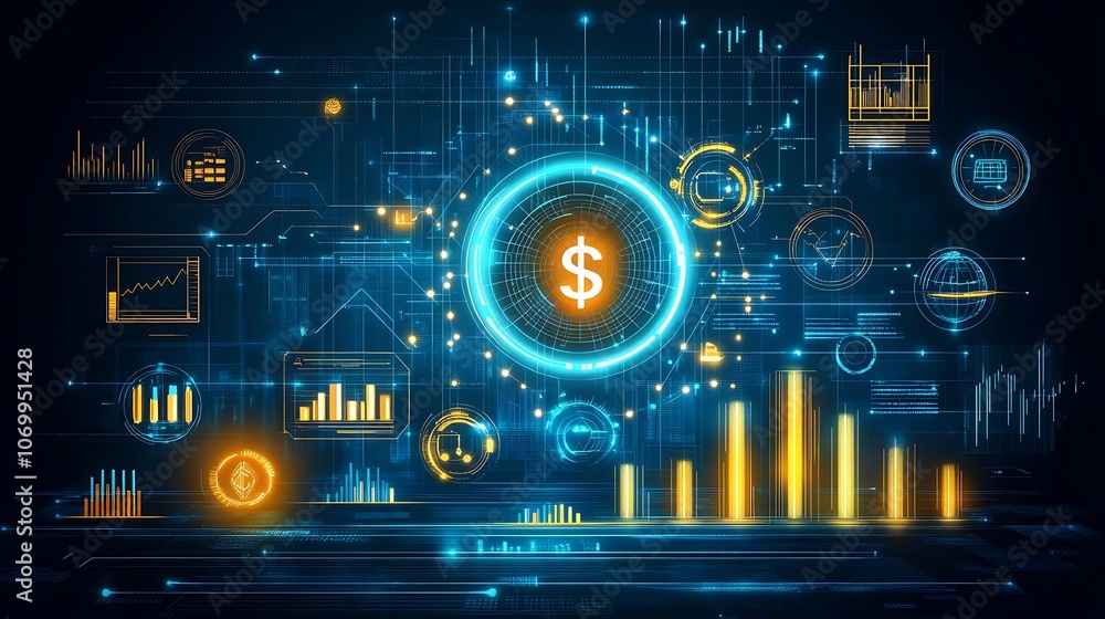 Abstract futuristic background with glowing dollar sign, digital interface and data visualization. Abstract futuristic background with glowing dollar sign, digital interface and data visualization.