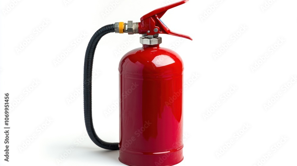 A red portable fire extinguisher with a hose and lever, likely containing a pressurized extinguishing agent used for emergency fire suppression. A red portable fire extinguisher with a hose and lever, likely containing a pressurized extinguishing agent used for emergency fire suppression.