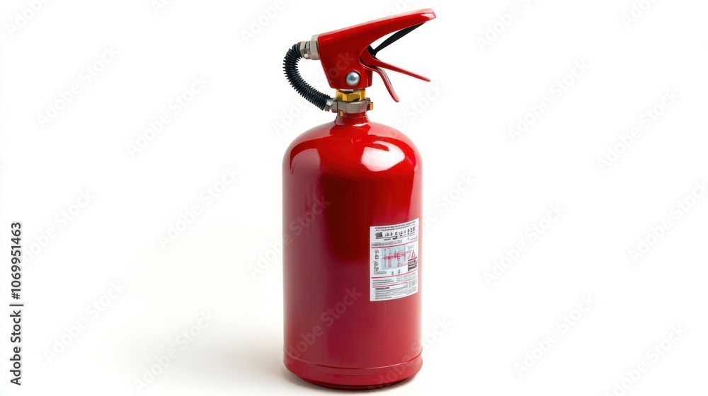 A red fire extinguisher with a pressure gauge and nozzle on a white background, indicating readiness for emergency use to extinguish fires. A red fire extinguisher with a pressure gauge and nozzle on a white background, indicating readiness for emergency use to extinguish fires.