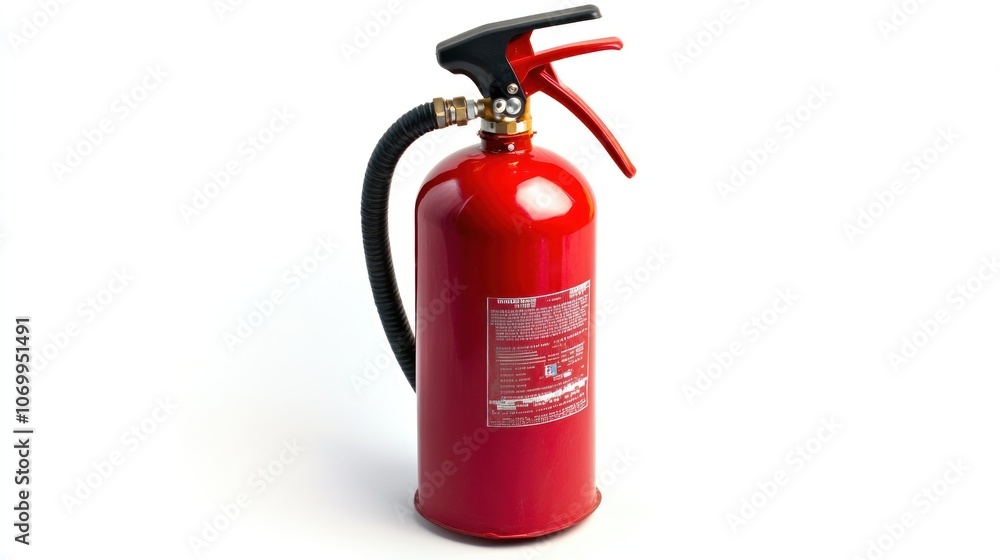 A portable fire extinguisher with a hose and trigger, typically used for emergency fire suppression, featured against a white background. A portable fire extinguisher with a hose and trigger, typically used for emergency fire suppression, featured against a white background.