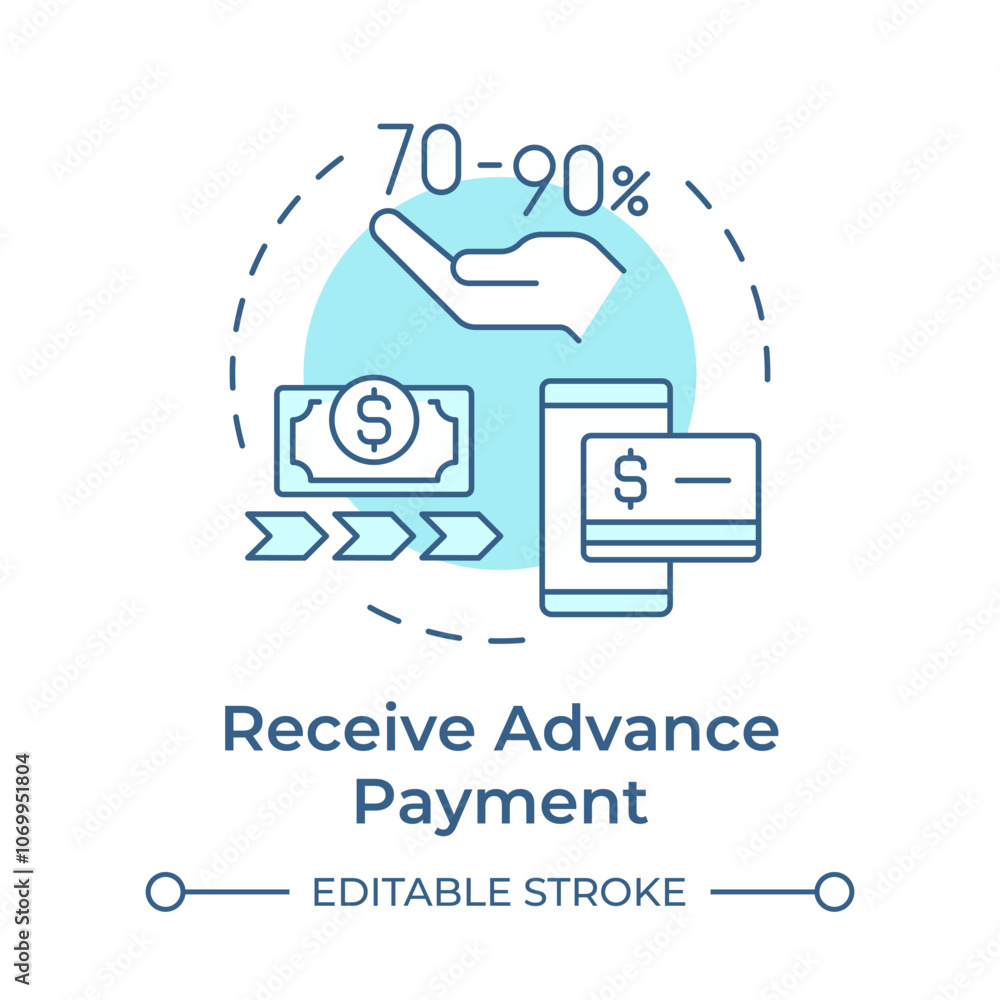Fototapeta premium Receive advanced payment soft blue concept icon. Factoring process. Dollar bill with arrows indicating cash flow. Round shape line illustration. Abstract idea. Graphic design. Easy to use in article