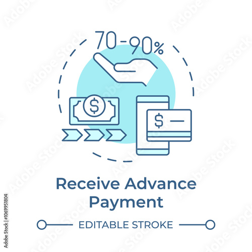Receive advanced payment soft blue concept icon. Factoring process. Dollar bill with arrows indicating cash flow. Round shape line illustration. Abstract idea. Graphic design. Easy to use in article