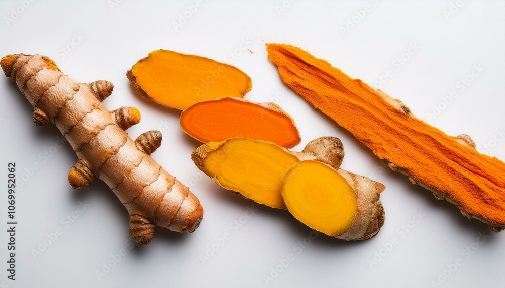 Naklejka premium Thinly sliced turmeric and ginger roots arranged in a diagonal line on a white background.