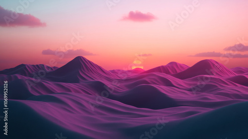 Wide view of sweeping desert dunes, the sun casting defined shadows across their curves, with the sky shifting from pink to blue as the day turns to night.