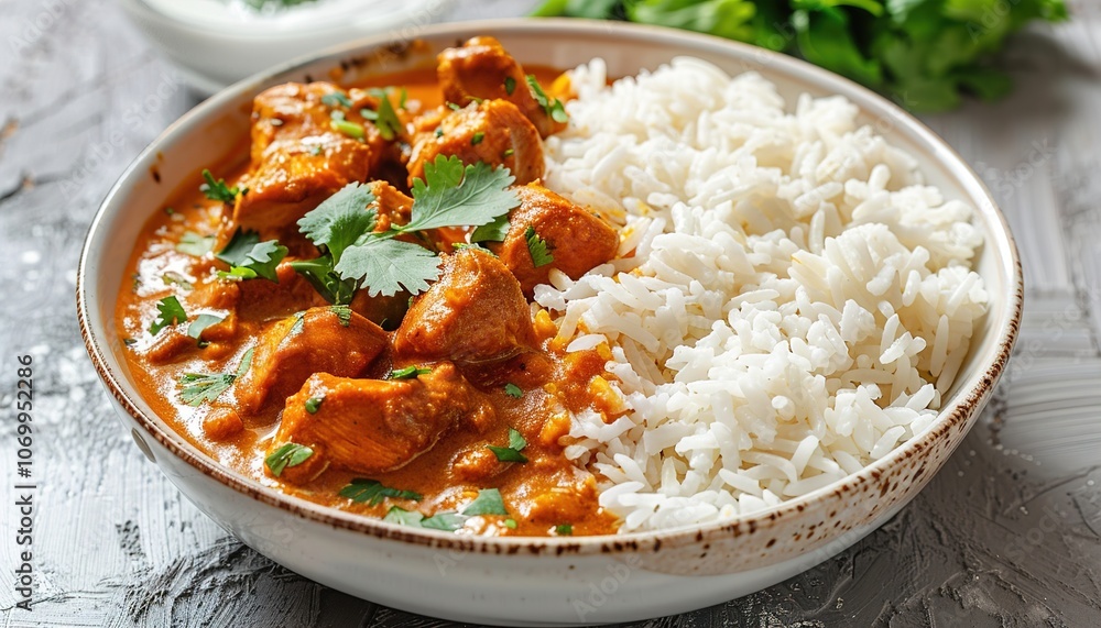 Chicken tikka masala spicy curry meat food with rice isolated on a transparent or white background Chicken tikka masala spicy curry meat food with rice isolated on a transparent or white background
