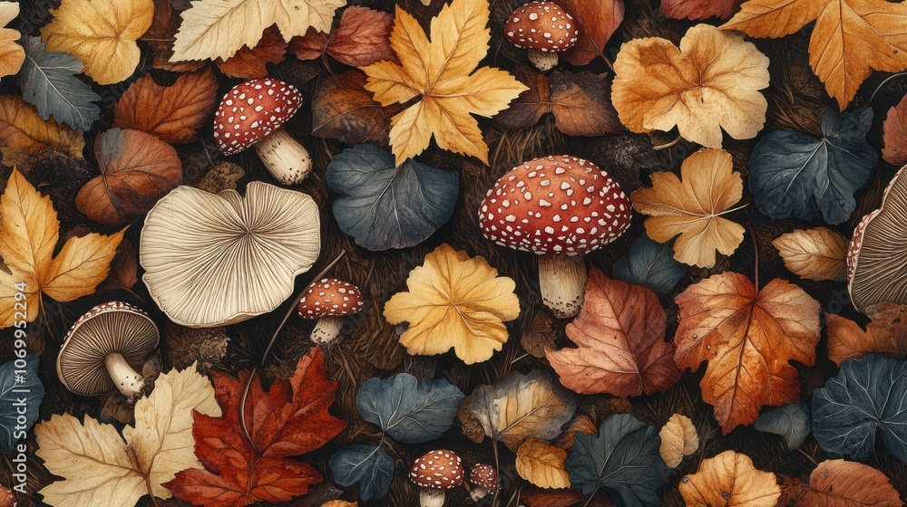 Woodland Scene with Mushrooms and Leaves in Earthy Tones Woodland Scene with Mushrooms and Leaves in Earthy Tones