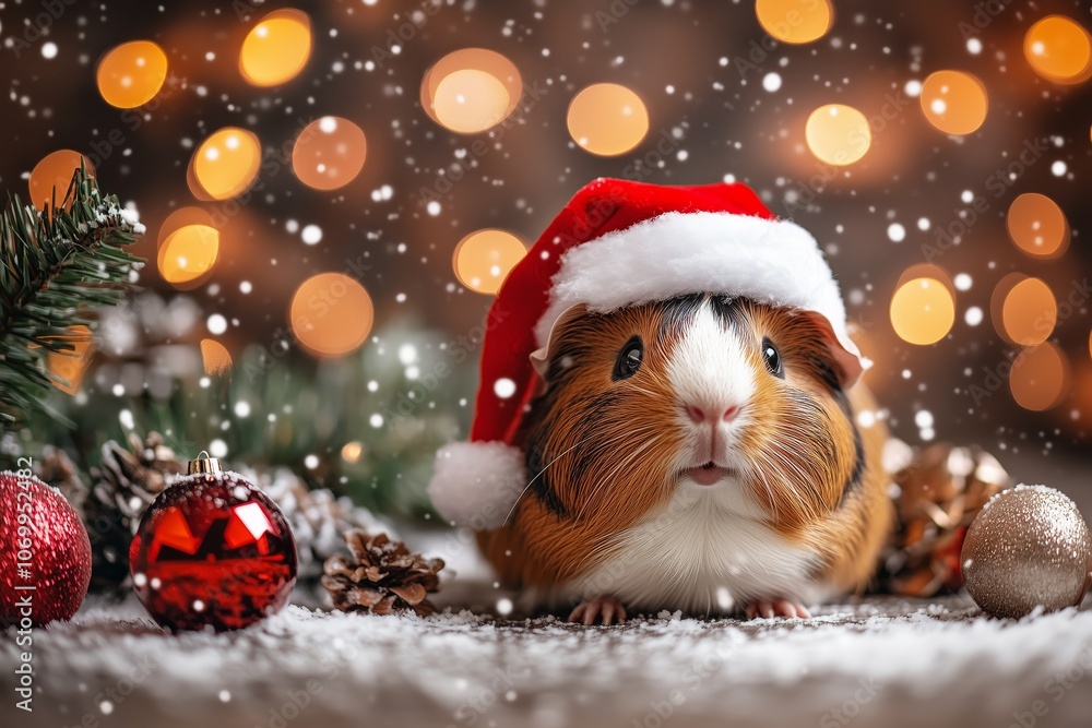 A fluffy guinea pig wearing an adorable Santa hat, festive decorations, cozy holiday scene A fluffy guinea pig wearing an adorable Santa hat, festive decorations, cozy holiday scene