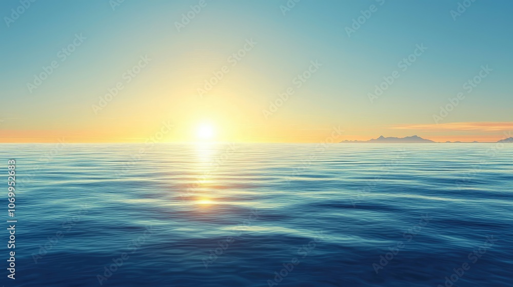Obraz premium Peaceful Ocean Sunrise Over Calm Waters with Mountain Silhouette