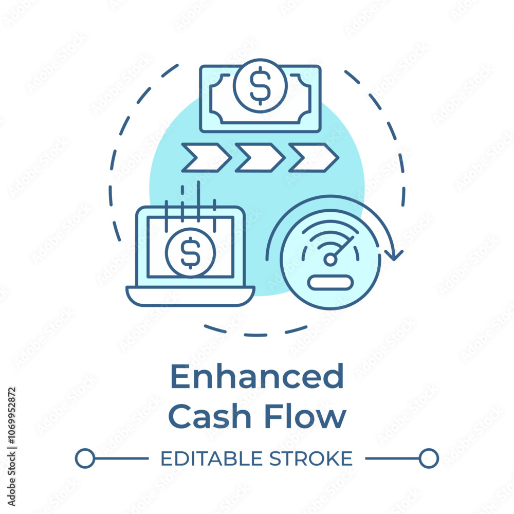 Enhanced cash flow soft blue concept icon. Boosts working capital. Benefits of factoring. Financial liquidity. Round shape line illustration. Abstract idea. Graphic design. Easy to use in article Enhanced cash flow soft blue concept icon. Boosts working capital. Benefits of factoring. Financial liquidity. Round shape line illustration. Abstract idea. Graphic design. Easy to use in article