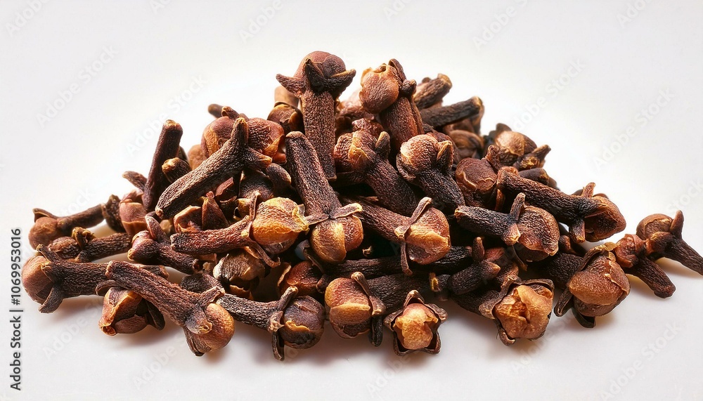 Fototapeta premium Whole cloves scattered loosely in an organic pattern on an isolated background.
