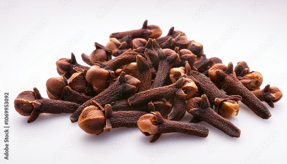 Fototapeta premium Whole cloves scattered loosely in an organic pattern on an isolated background.