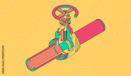 Industrial valve of isometric colorful drawing. Opening or closing of pipeline valves Gas industry and gas transport. Pieces - Pipes, Fittings, Gate Valve, Faucet Taps Exemplified