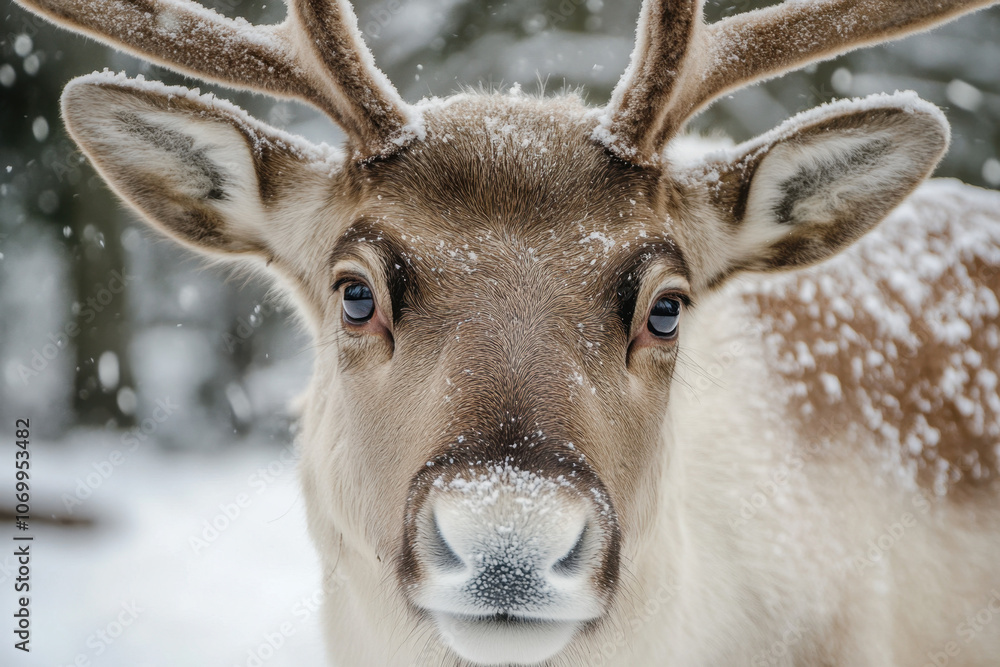 Close-up of a reindeer in a snow-covered winter setting, showcasing its majestic antlers and gentle expression, with delicate snowflakes falling around. Close-up of a reindeer in a snow-covered winter setting, showcasing its majestic antlers and gentle expression, with delicate snowflakes falling around.