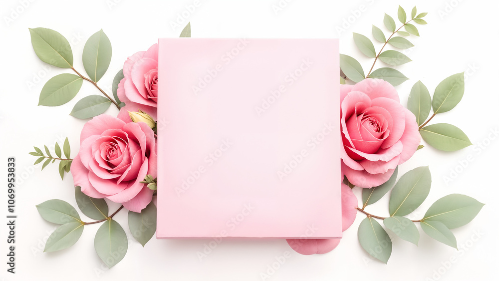A Captivating Oil Painting of Roses and Eucalyptus Surrounded by a Striking Pink Square and Red Floral Accents A Captivating Oil Painting of Roses and Eucalyptus Surrounded by a Striking Pink Square and Red Floral Accents