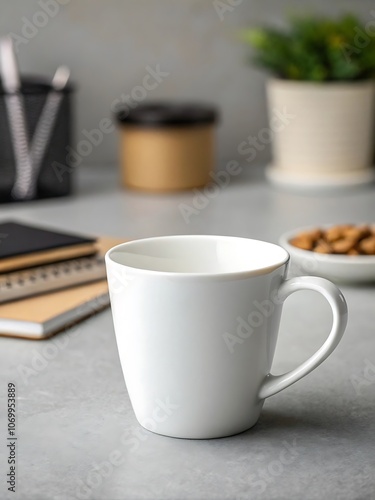 cup of coffee and a notebook, Focusing on the Mug: Minimalist White Mug Mockup